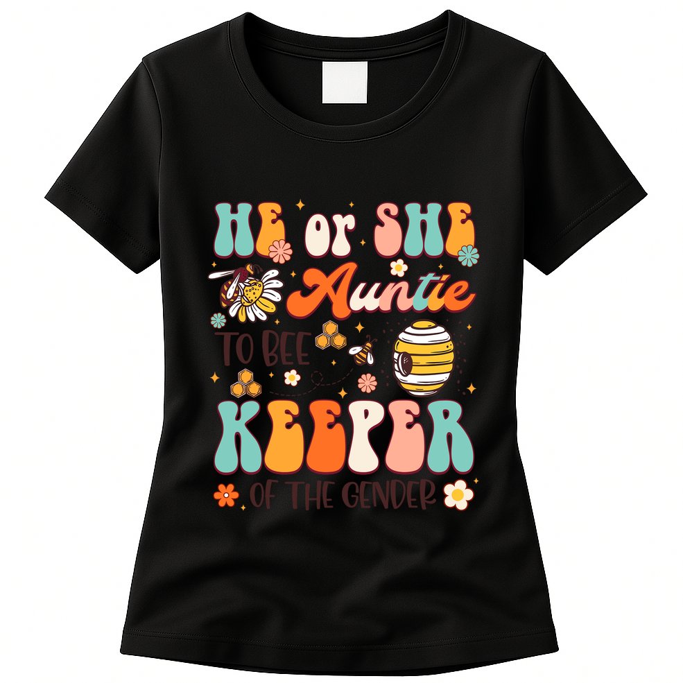 He Or She Auntie To Bee Keeper Of The Gender Reveal Groovy Womens T-Shirt