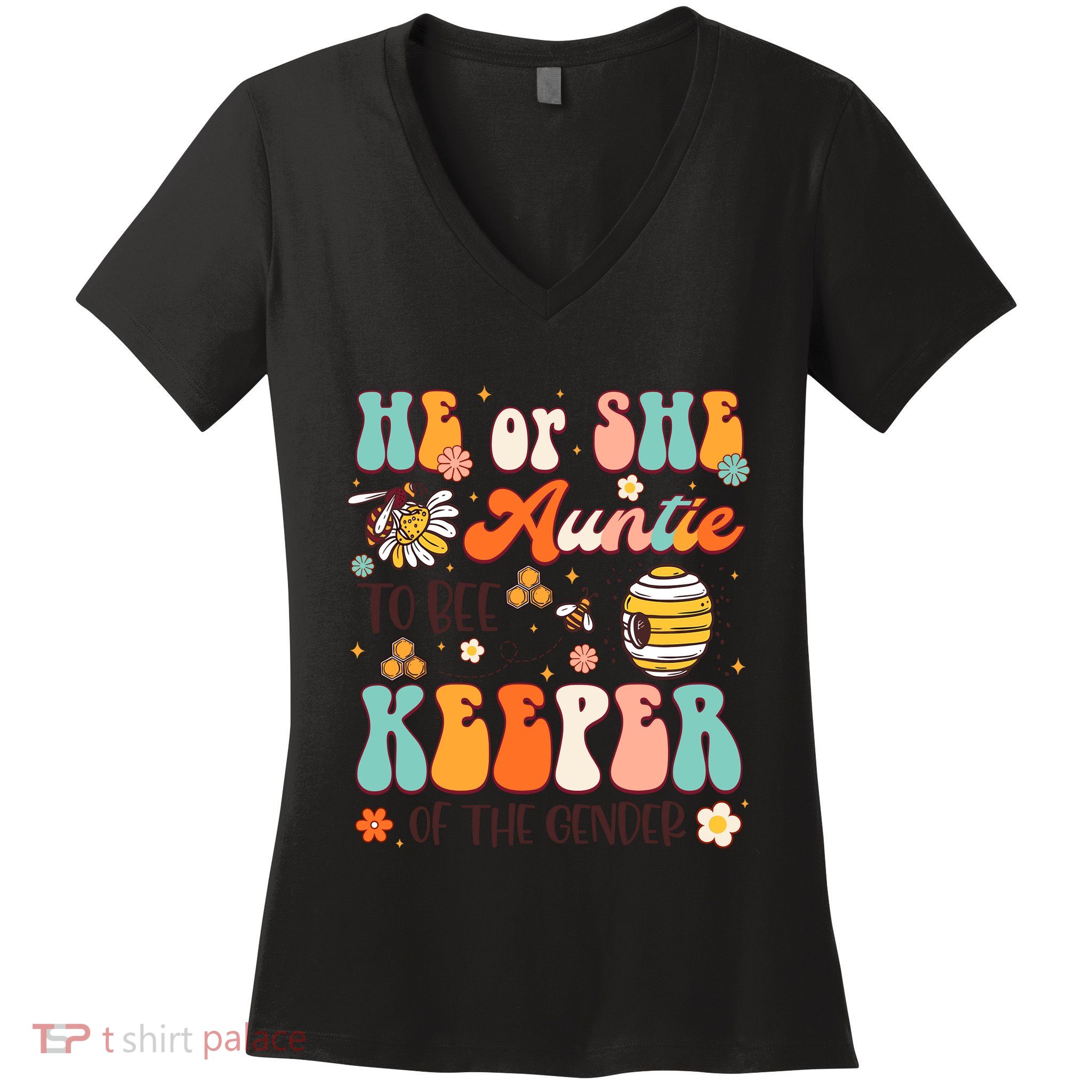 He Or She Auntie To Bee Keeper Of The Gender Reveal Groovy Women's V-Neck T-Shirt