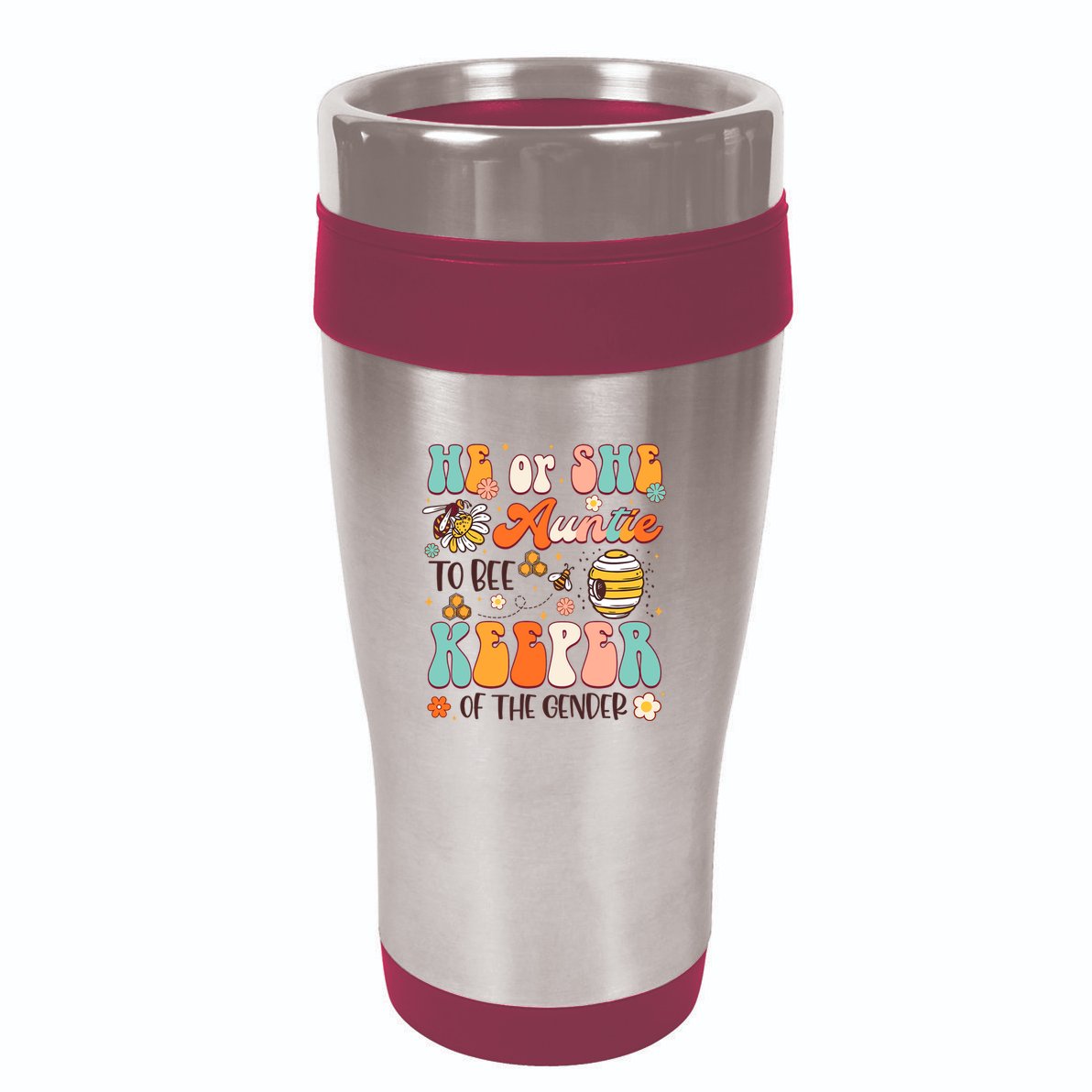 He Or She Auntie To Bee Keeper Of The Gender Reveal Groovy 16oz Travel Tumbler
