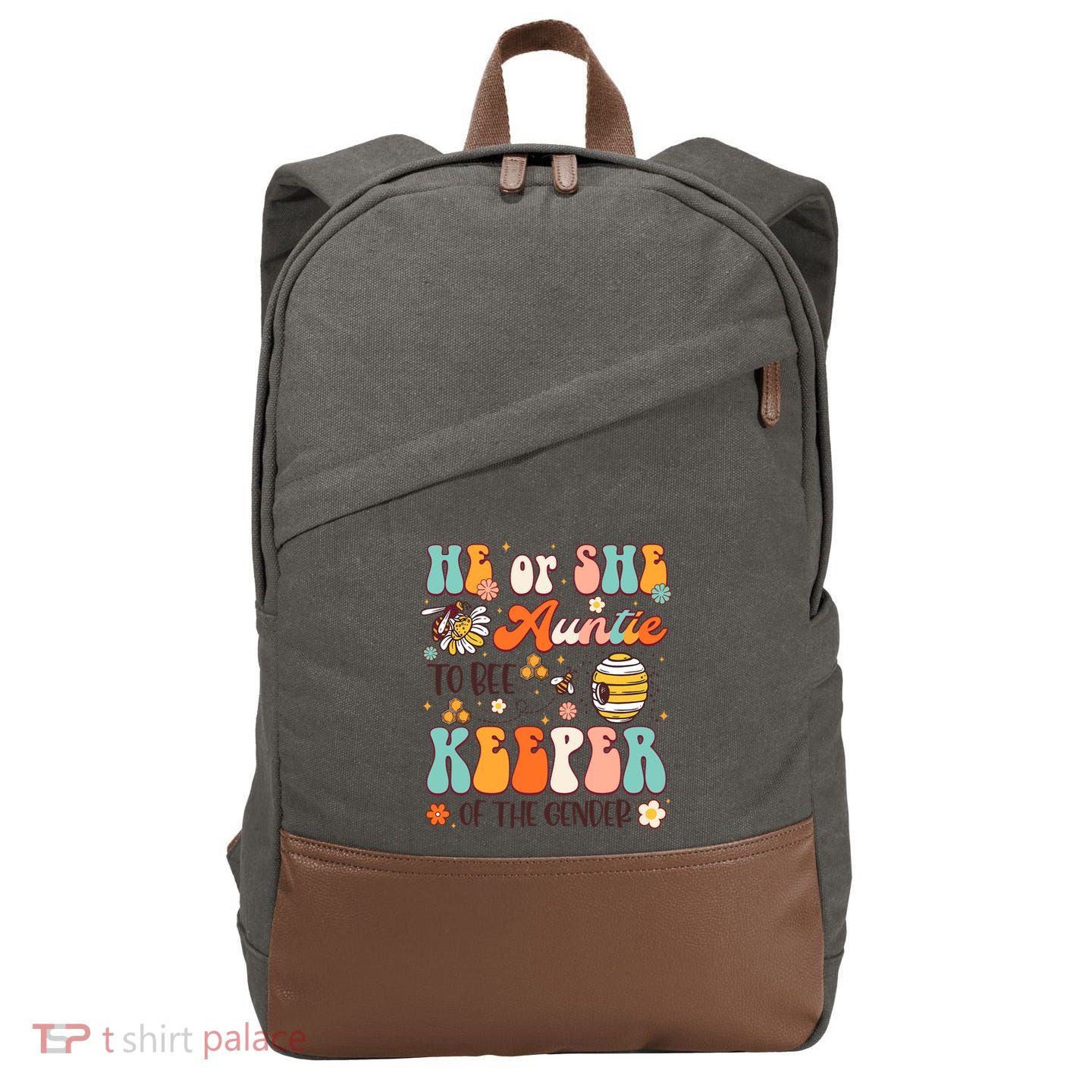 He Or She Auntie To Bee Keeper Of The Gender Reveal Groovy Cotton Canvas Backpack