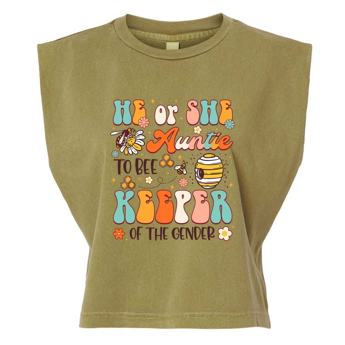 He Or She Auntie To Bee Keeper Of The Gender Reveal Groovy Garment-Dyed Women's Muscle Tee