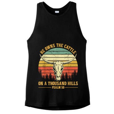 He Owns The Cattle On A Thousand Hills Bull Skull Christian Ladies PosiCharge Tri-Blend Wicking Tank