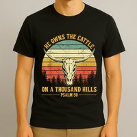 He Owns The Cattle On A Thousand Hills Bull Skull Christian T-Shirt