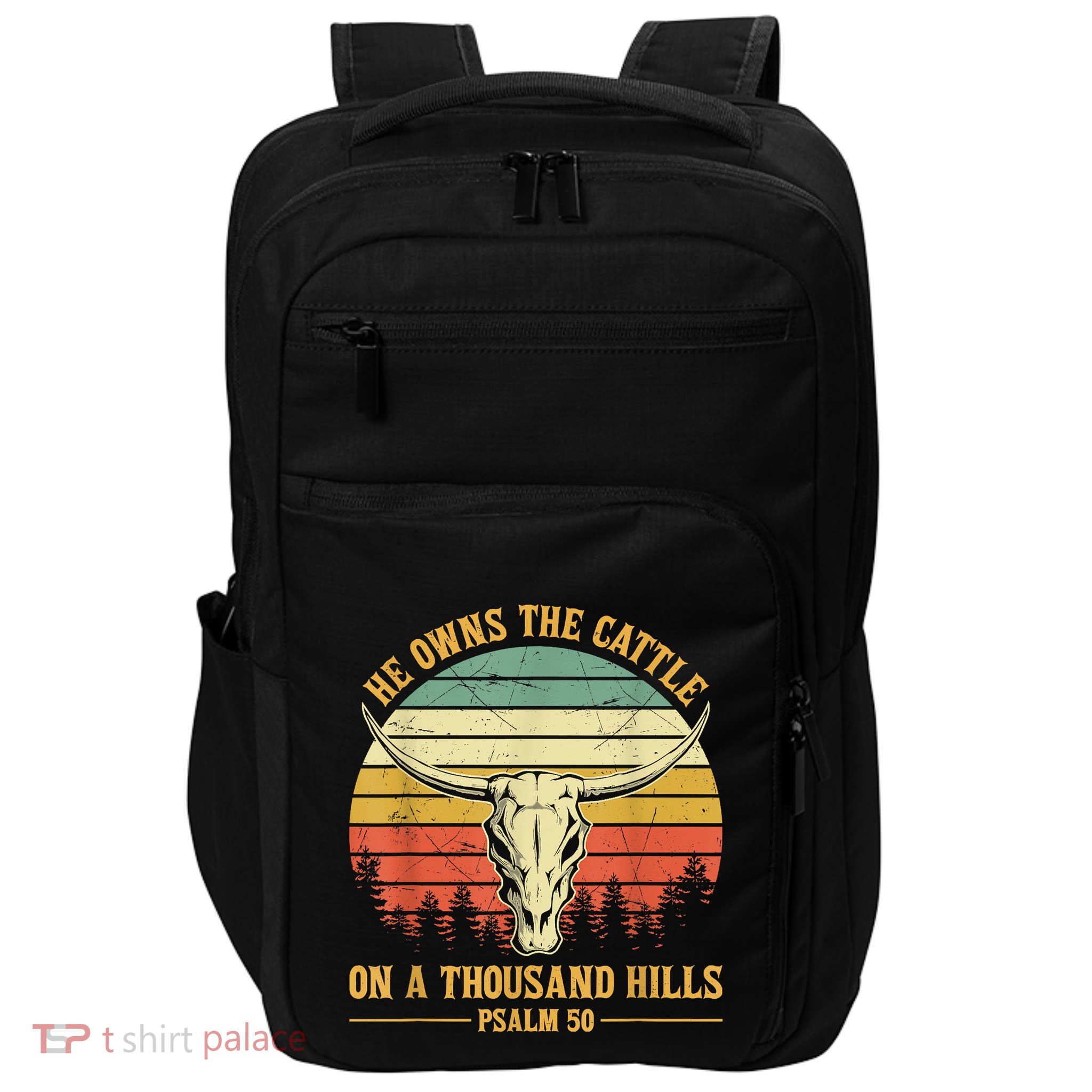 He Owns The Cattle On A Thousand Hills Bull Skull Christian Impact Tech Backpack