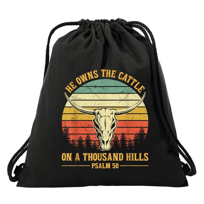 He Owns The Cattle On A Thousand Hills Bull Skull Christian Drawstring Bag