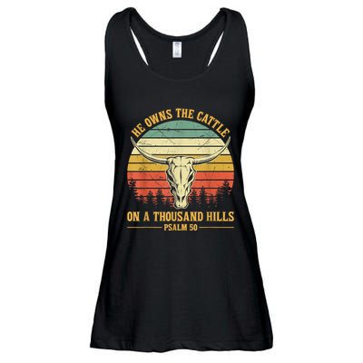 He Owns The Cattle On A Thousand Hills Bull Skull Christian Ladies Essential Flowy Tank