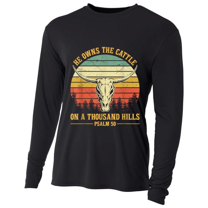 He Owns The Cattle On A Thousand Hills Bull Skull Christian Cooling Performance Long Sleeve Crew