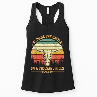 He Owns The Cattle On A Thousand Hills Bull Skull Christian Womens Tank Top