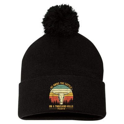 He Owns The Cattle On A Thousand Hills Bull Skull Christian Pom Pom 12in Knit Beanie