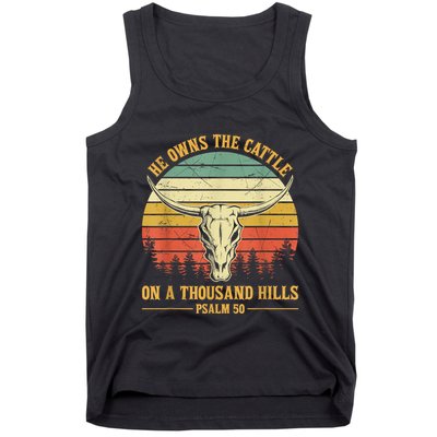 He Owns The Cattle On A Thousand Hills Bull Skull Christian Tank Top
