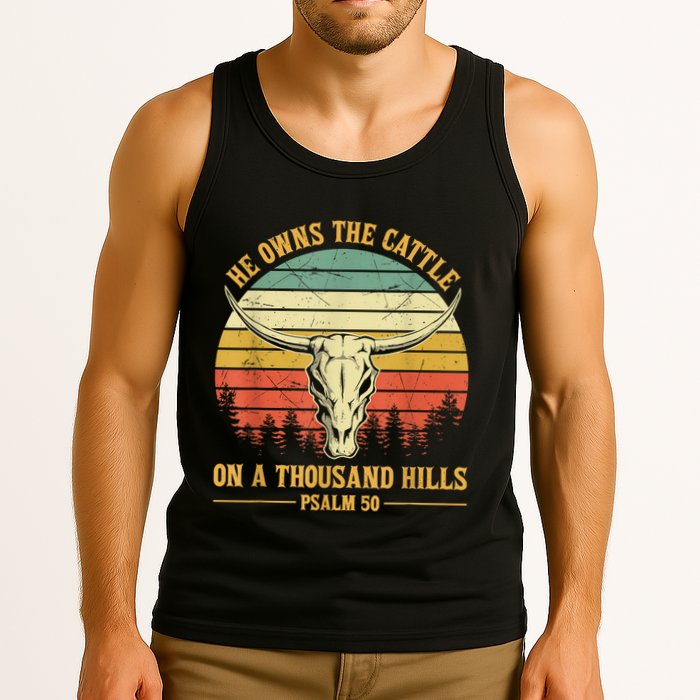 He Owns The Cattle On A Thousand Hills Bull Skull Christian Tank Top