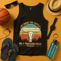He Owns The Cattle On A Thousand Hills Bull Skull Christian Tank Top
