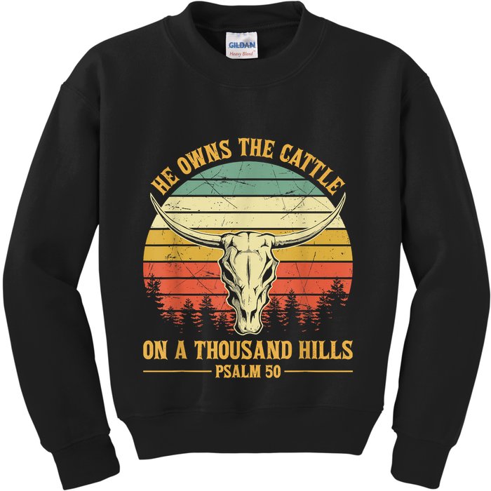 He Owns The Cattle On A Thousand Hills Bull Skull Christian Kids Sweatshirt