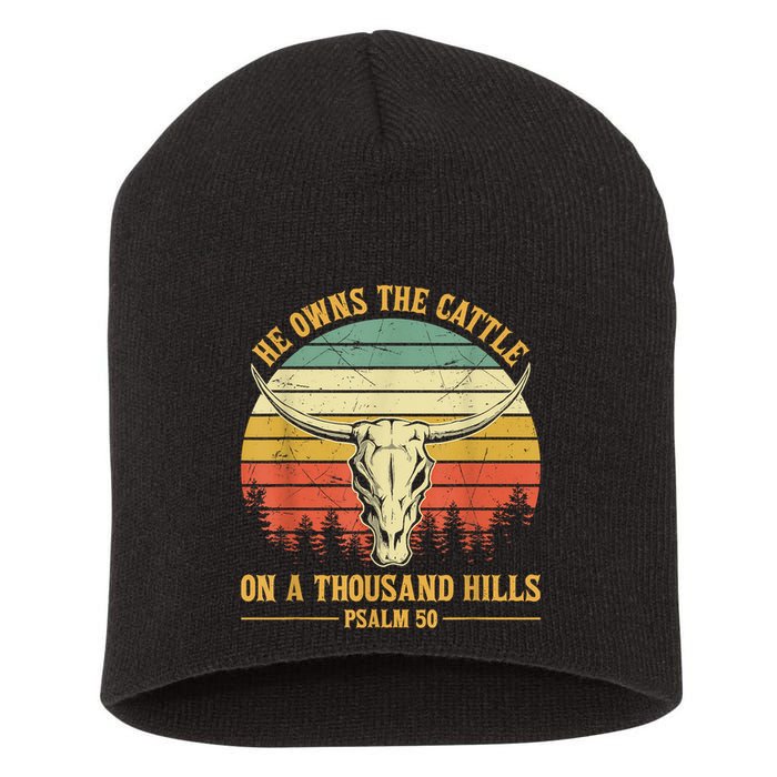 He Owns The Cattle On A Thousand Hills Bull Skull Christian Short Acrylic Beanie