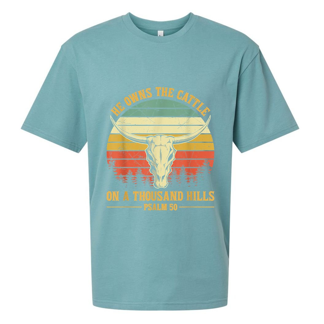 He Owns The Cattle On A Thousand Hills Bull Skull Christian Sueded Cloud Jersey T-Shirt