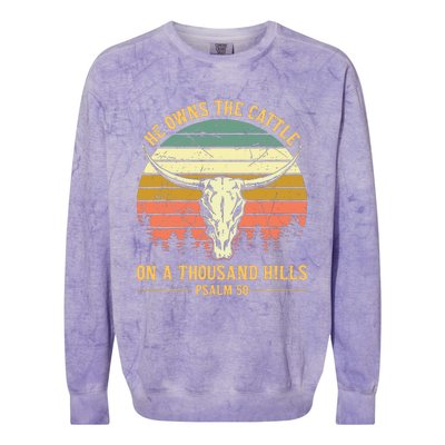 He Owns The Cattle On A Thousand Hills Bull Skull Christian Colorblast Crewneck Sweatshirt