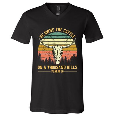 He Owns The Cattle On A Thousand Hills Bull Skull Christian V-Neck T-Shirt