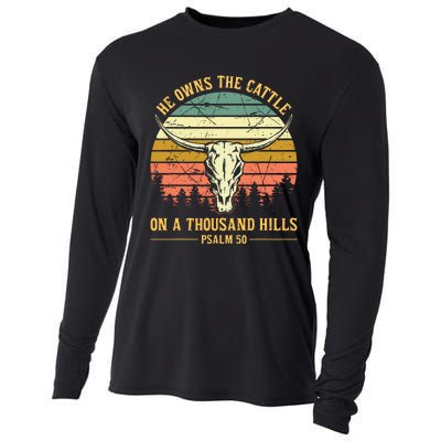 He Owns The Cattle On A Thousand Hills Bull Skull Christian Cooling Performance Long Sleeve Crew