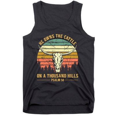 He Owns The Cattle On A Thousand Hills Bull Skull Christian Tank Top