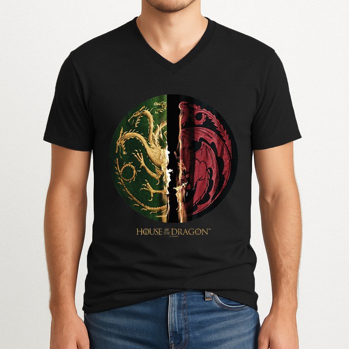 H.O.U.S.E Of The Dragon Green Vs Black H.O.U.S.E Targaryen Emblem V-Neck T-Shirt