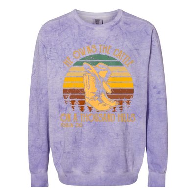 He Owns The Cattle On A Thousand Hills Psalm 50 Cowboy Boots Colorblast Crewneck Sweatshirt