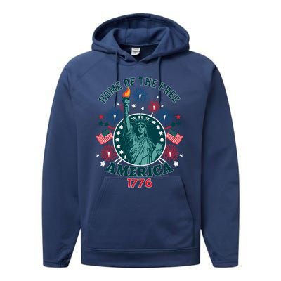 Home Of The Free The Statue Of Liberty 4th Of July Performance Fleece Hoodie