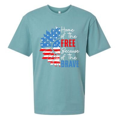 Home Of The Free Because Of The Brave Sunflower 4th Of July Sueded Cloud Jersey T-Shirt