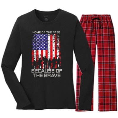 Home Of The Free Because Of The Brave Patriotic Veterans Women's Long Sleeve Flannel Pajama Set 