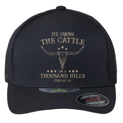 He Owns The Cattle On A Thousand Hills Psalm 50 Vintage Cow Flexfit Unipanel Trucker Cap