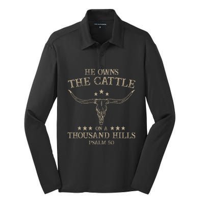 He Owns The Cattle On A Thousand Hills Psalm 50 Vintage Cow Silk Touch Performance Long Sleeve Polo