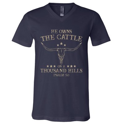 He Owns The Cattle On A Thousand Hills Psalm 50 Vintage Cow V-Neck T-Shirt