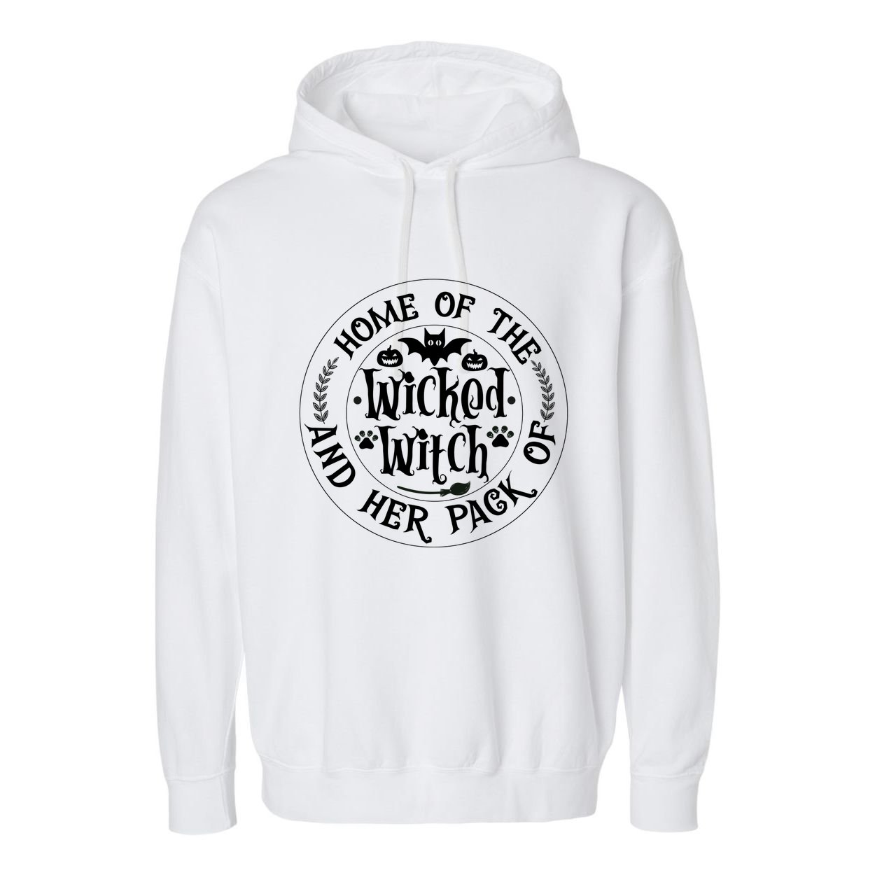 Home Of The Wicked Witch And Her Pack Of Dog Funny Halloween Garment-Dyed Fleece Hoodie