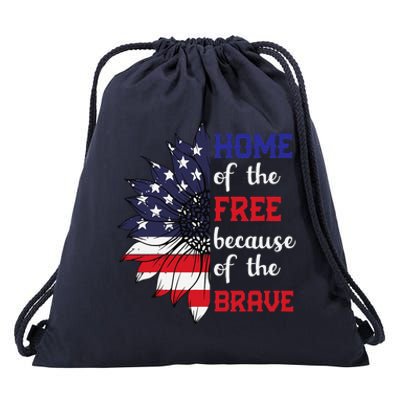 Home Of The Free Because Of The Brave Sunflower USA Flag Drawstring Bag