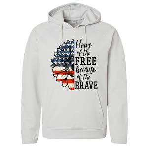 Home Of The Free Because Of The Brave Patriotic Flower Performance Fleece Hoodie