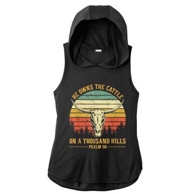 He Owns The Cattle On A Thousand Hills Bull Skull Christian Ladies PosiCharge Tri-Blend Wicking Draft Hoodie Tank