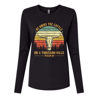 He Owns The Cattle On A Thousand Hills Bull Skull Christian Womens Cotton Relaxed Long Sleeve T-Shirt