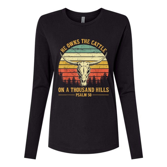 He Owns The Cattle On A Thousand Hills Bull Skull Christian Womens Cotton Relaxed Long Sleeve T-Shirt