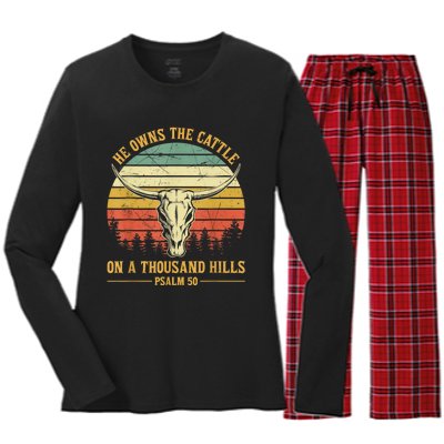 He Owns The Cattle On A Thousand Hills Bull Skull Christian Women's Long Sleeve Flannel Pajama Set 