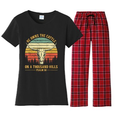 He Owns The Cattle On A Thousand Hills Bull Skull Christian Women's Flannel Pajama Set