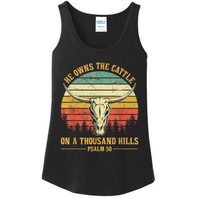 He Owns The Cattle On A Thousand Hills Bull Skull Christian Ladies Essential Tank