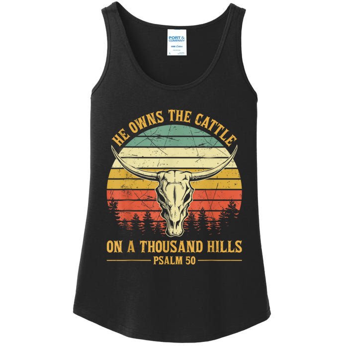 He Owns The Cattle On A Thousand Hills Bull Skull Christian Ladies Essential Tank