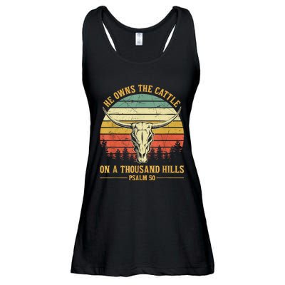 He Owns The Cattle On A Thousand Hills Bull Skull Christian Ladies Essential Flowy Tank