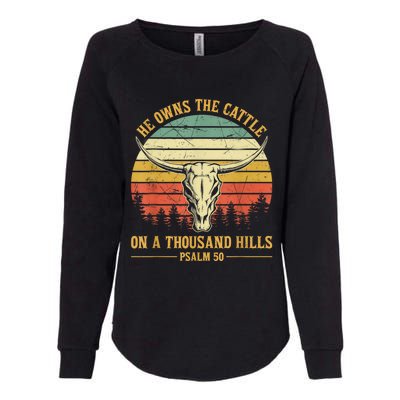 He Owns The Cattle On A Thousand Hills Bull Skull Christian Womens California Wash Sweatshirt