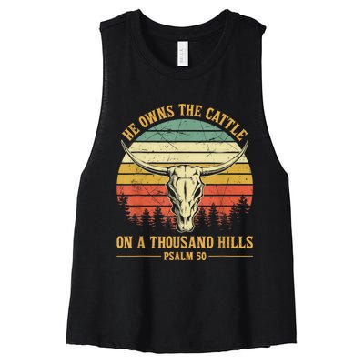 He Owns The Cattle On A Thousand Hills Bull Skull Christian Women's Racerback Cropped Tank