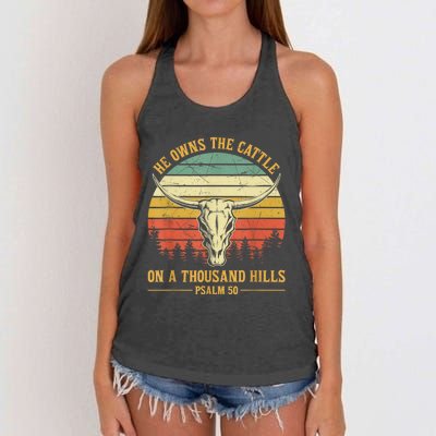 He Owns The Cattle On A Thousand Hills Bull Skull Christian Women's Knotted Racerback Tank