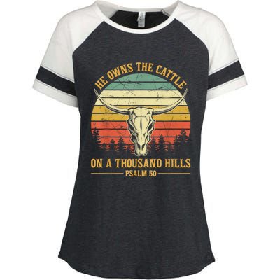 He Owns The Cattle On A Thousand Hills Bull Skull Christian Enza Ladies Jersey Colorblock Tee