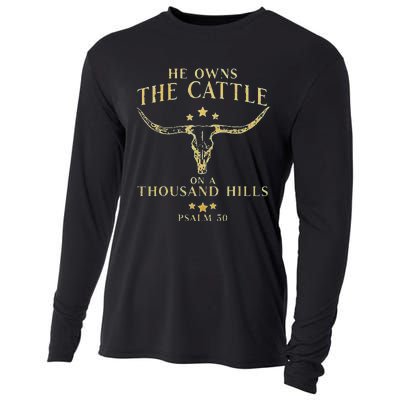 He Owns The Cattle On A Thousand Hills Bull Skull Christian Cooling Performance Long Sleeve Crew