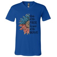 Home Of The Free Because Of The Brave Sunflower Usa Flag Funny Gift V-Neck T-Shirt