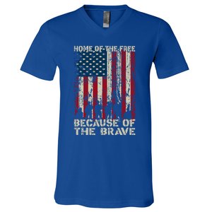 Home Of The Free Because Of The Brave Distress American Flag Gift V-Neck T-Shirt