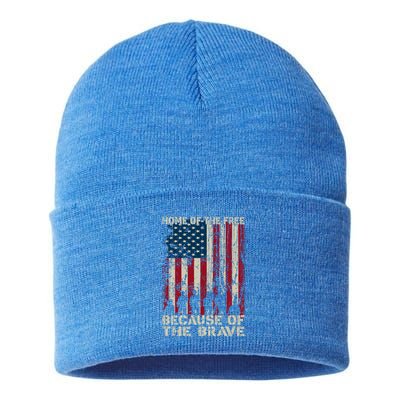 Home Of The Free Because Of The Brave Distress American Flag Gift Sustainable Knit Beanie